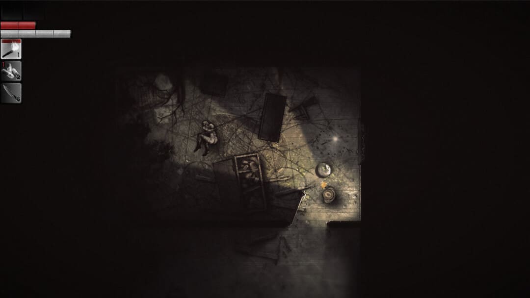 游戏Darkwood（2017）的屏幕截图显示了一个房间的自上而下的场景，尸体在黑暗中