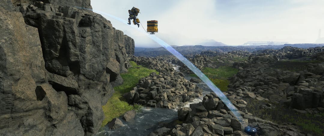 Game Death Death Stranding导演的截图，显示了Sam Bridges使用的高科技桥梁越过河流的屏幕截图