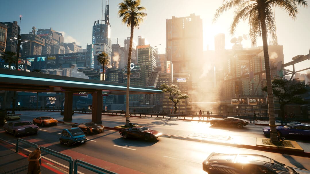 游戏Cyberpunk 2077的屏幕截图显示了一条带有未来派汽车的高速公路，在黎明时高科技天际线之前