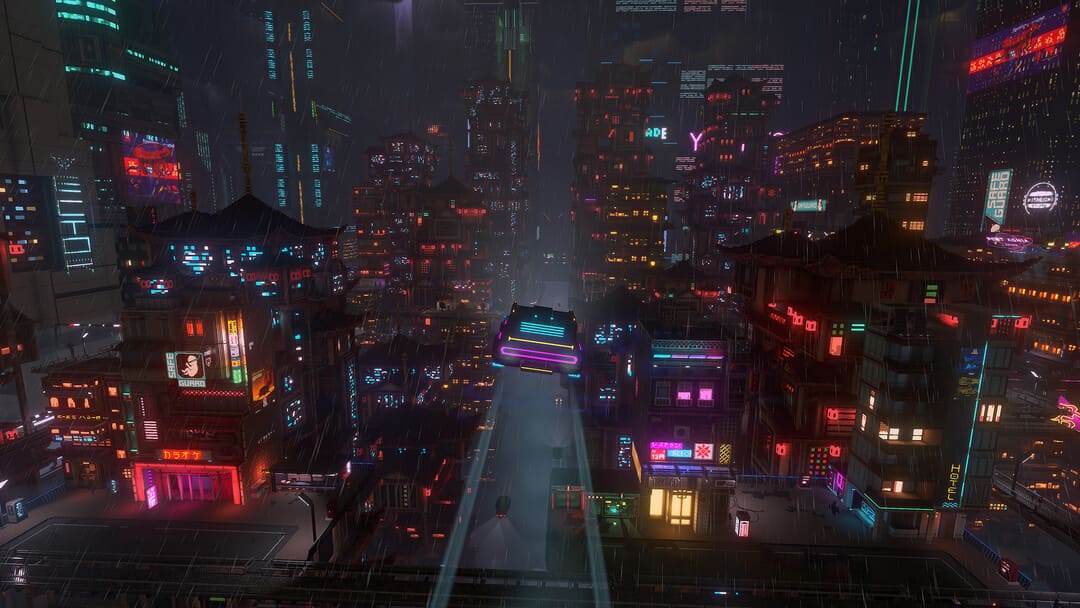 游戏CloudPunk的屏幕截图显示了一辆飞行汽车，在黑暗的雨中被霓虹色建筑物包围