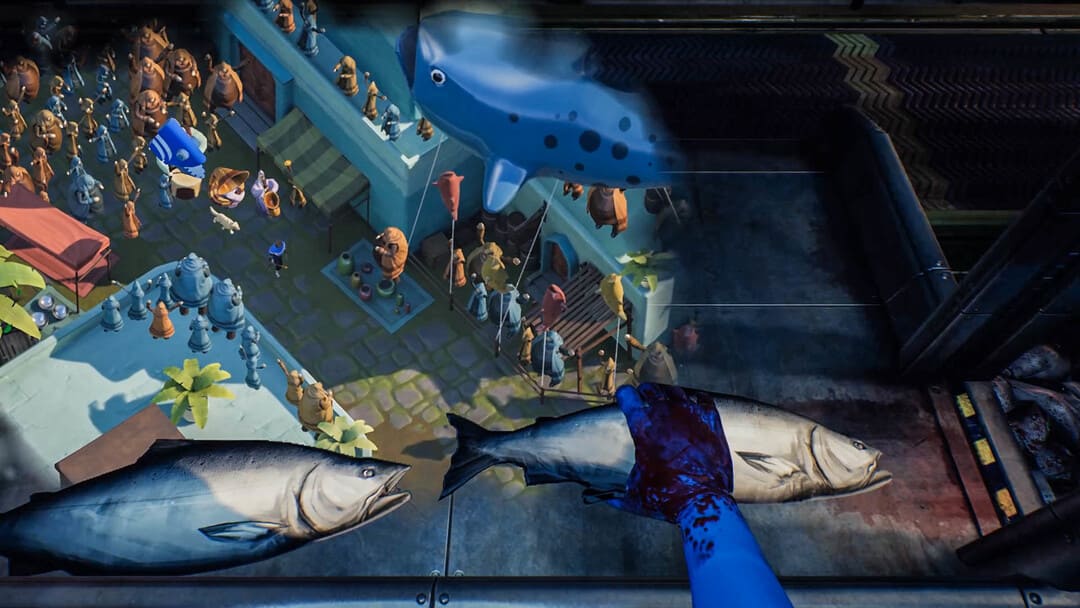 游戏中的屏幕截图，伊迪丝·芬奇（Edith Finch）剩下的东西显示了一个超现实的记忆场景，涉及死鱼和游行