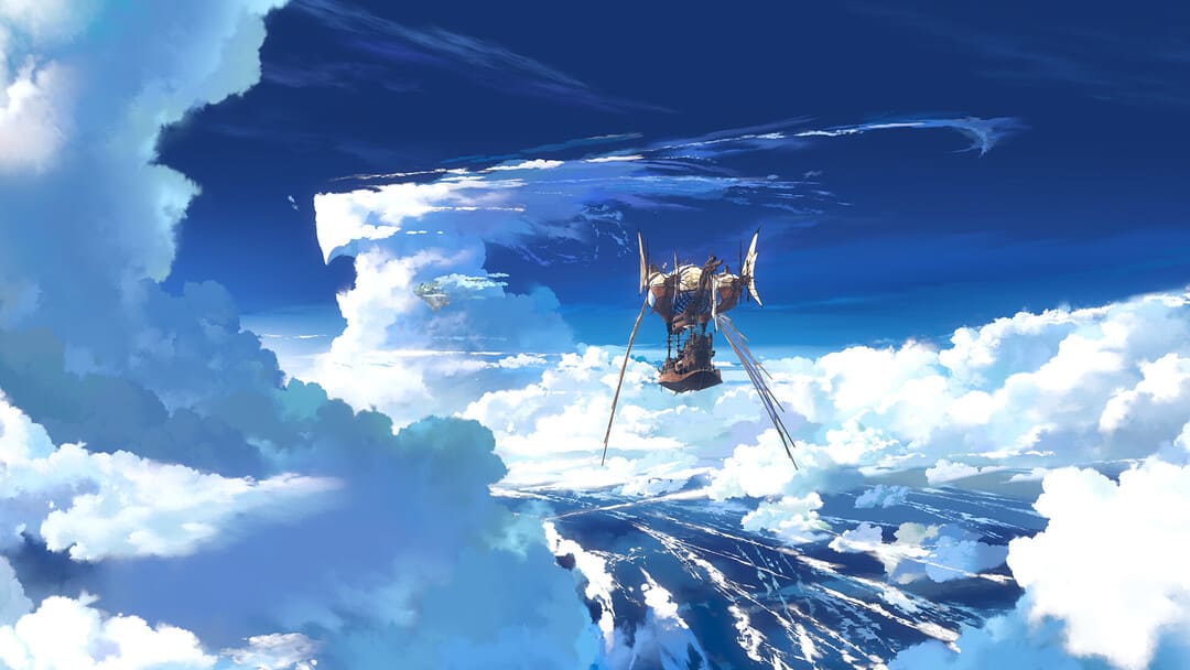 游戏Granblue Fantasy的屏幕截图：重新链接显示一艘飞行船在厚云中前往天空中的岛屿
