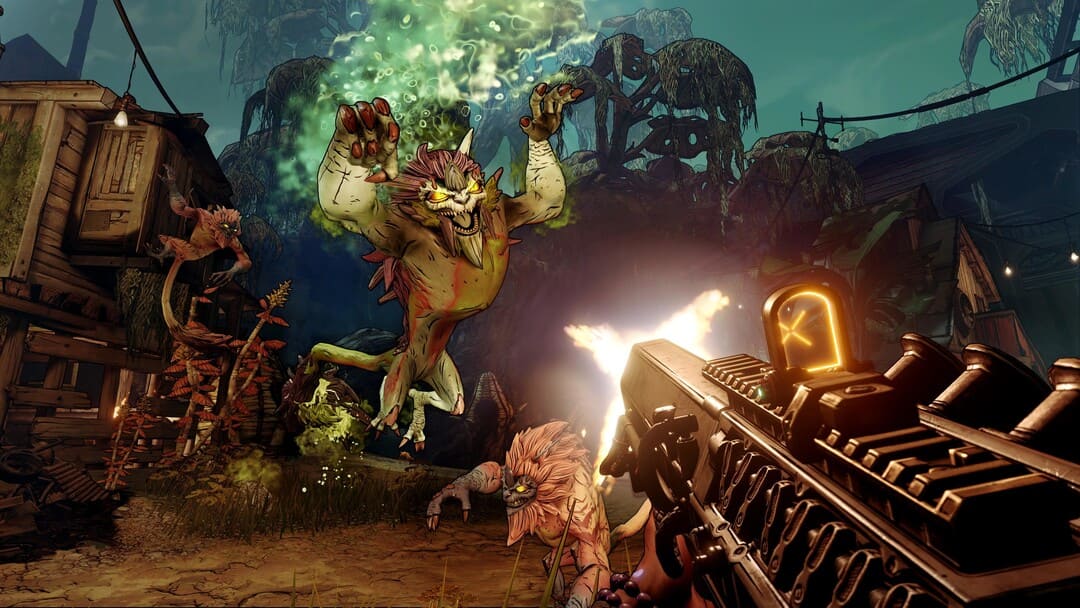 Game Borderlands 3的屏幕截图显示了一个类似狮子的生物，向玩家跳跃