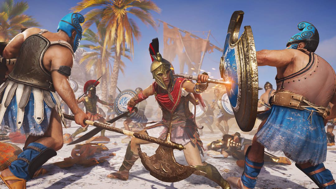 游戏刺客信条奥德赛（Creed Odyssey）的屏幕截图，在一场更广泛的战斗中，戴着斯巴达头盔的一位女士与两名男子作战