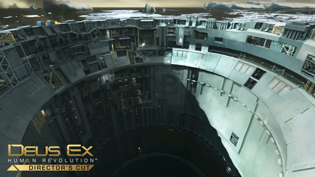 Game Deus Ex：Human Revolution的屏幕截图 - 导演的切割显示了海洋中空心的圆柱工业建筑 